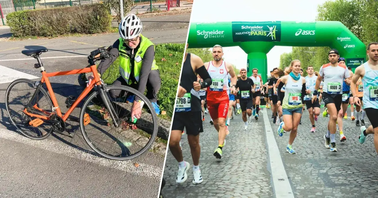 Mężczyzna przy rowerze i biegacze na maratonie w Paryżu. Czy zastanawiałeś się, maraton ile km?