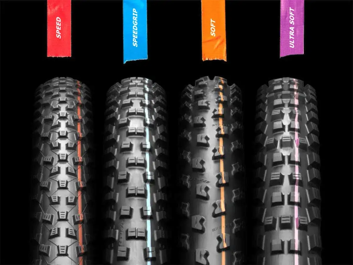 Cztery opony rowerowe o różnym bieżniku, od Speed po Ultra Soft. Wybierz odpowiedni rozmiar opony rowerowej dla siebie.