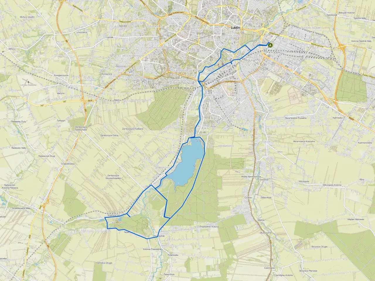 Trasa rowerowa wokół Zalewu Zemborzyckiego i przez Lublin. Oznaczona niebieską linią, pokazuje malownicze ścieżki rowerowe Lublin.