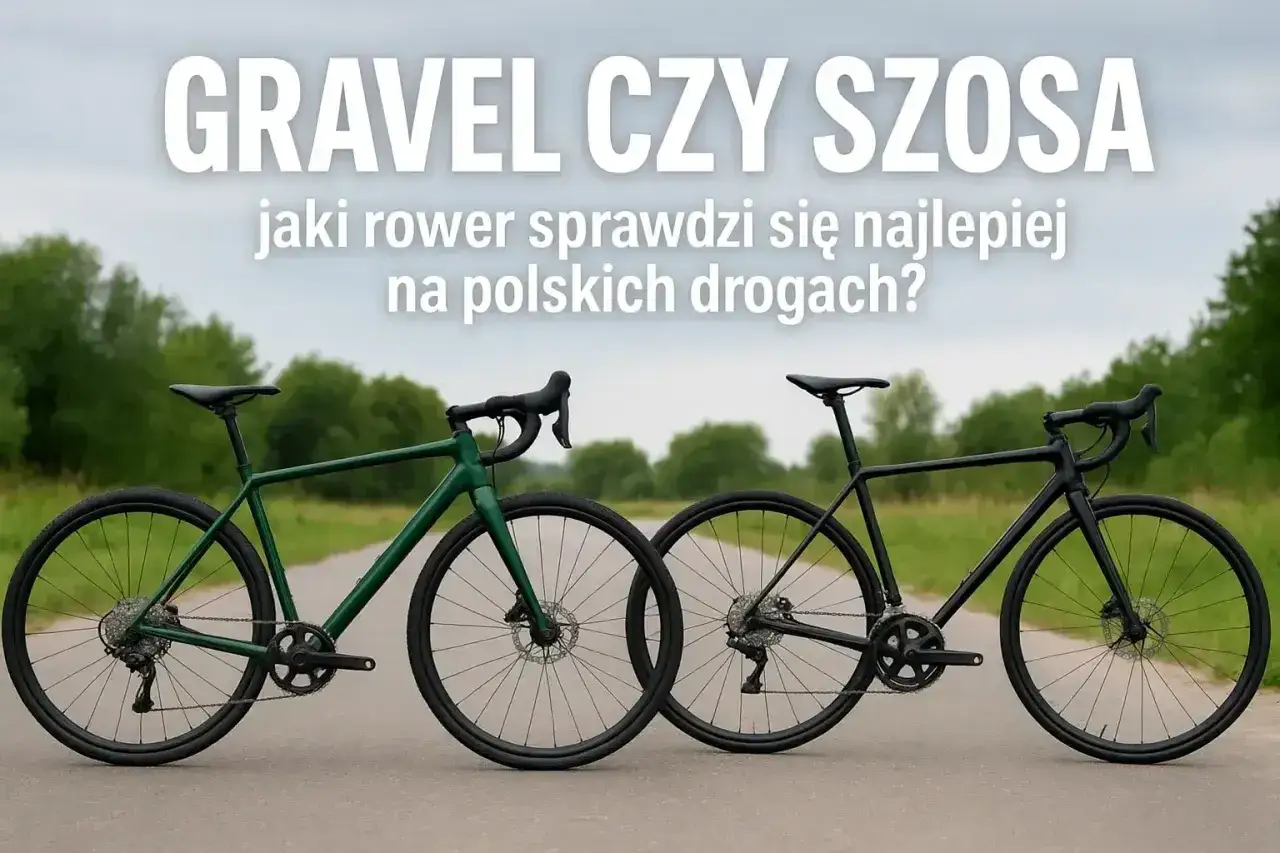 Dwa rowery, zielony i czarny, stoją na drodze. Tekst pyta: