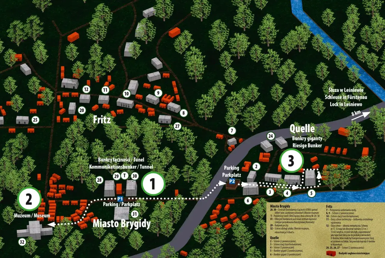 Mapa kompleksu wojskowego w Mamerkach, z zaznaczonymi bunkrami, tunelem i Muzeum. Wśród obiektów znajduje się m.in. miejsce poszukiwań Bursztynowej Komnaty.