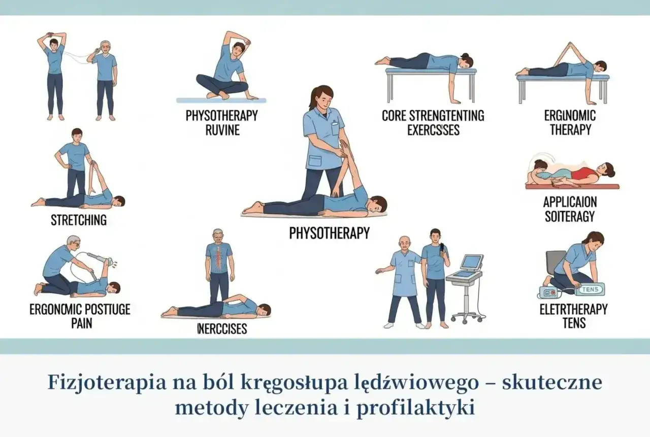 Ilustracje pokazują różne ćwiczenia i terapie, w tym rozciąganie lędźwi, fizjoterapię i ćwiczenia wzmacniające.