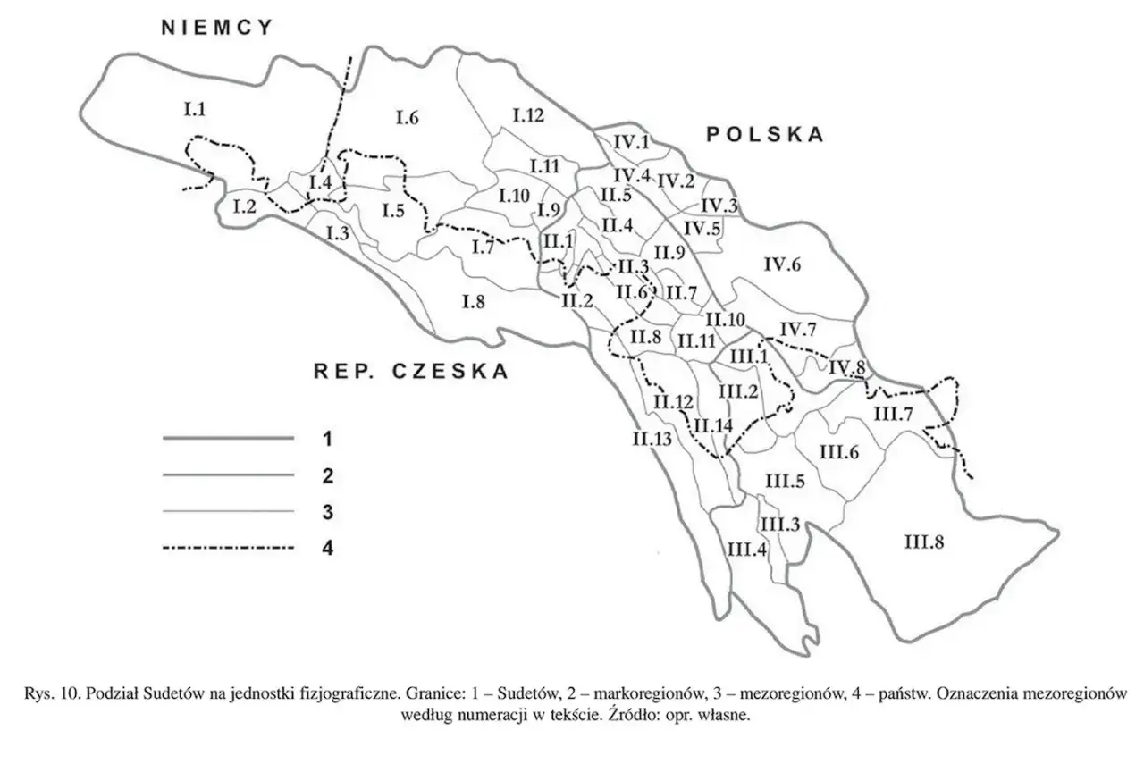 Mapa fizjograficzna Sudetów, pokazująca podział na jednostki i mezoregiony. Widać granice Polski, Czech i Niemiec. Góry Dolny Śląsk podzielone na regiony.