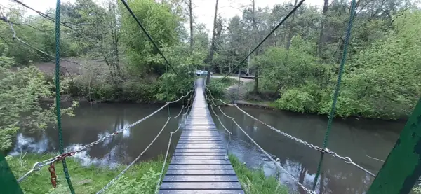 Drewniany most wiszący nad rzeką, otoczony zielenią. W oddali widać samochody, a całość tworzy malowniczy krajobraz w okolicach Celestynowa.